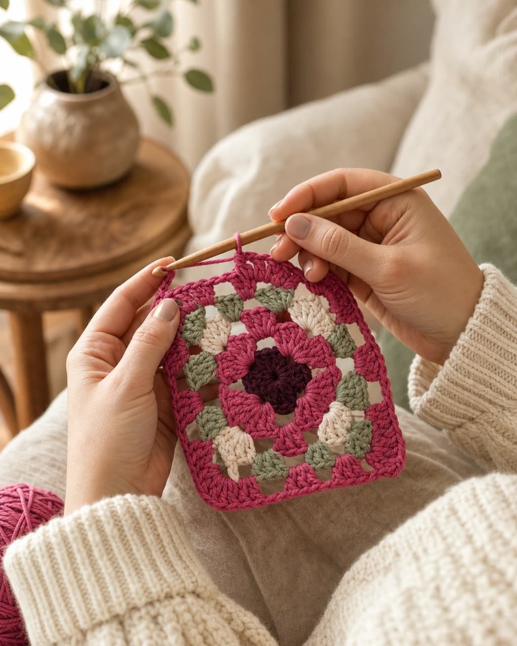 Berry crocheting with raspberry yarn in a cozy living room