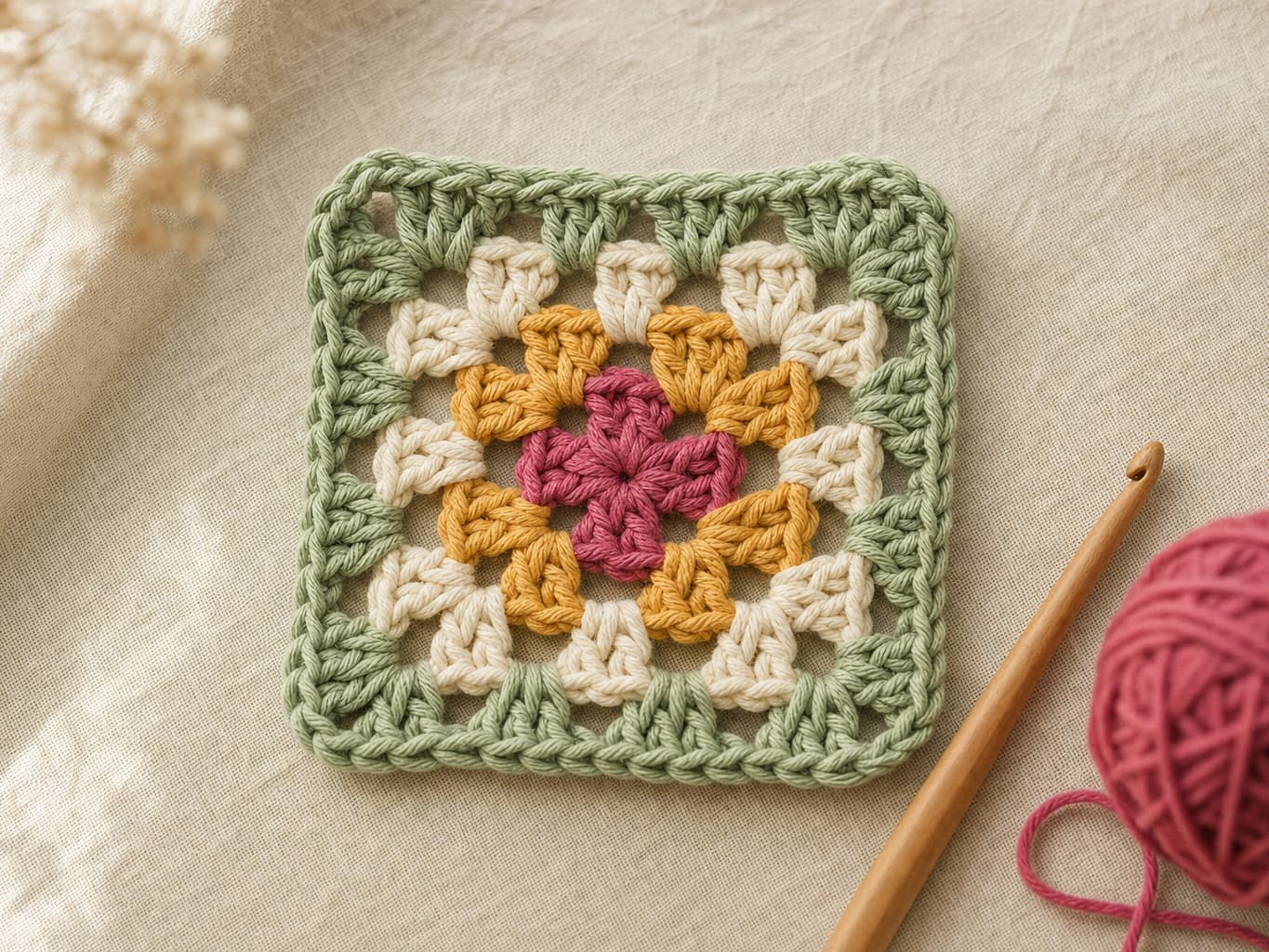 Sunburst Granny Square — finished crochet, honey, cream, sage